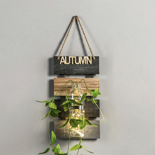 Rustic Plant Wall String Lights - Dark Green/Light Green/Yellow with Wooden Backplate