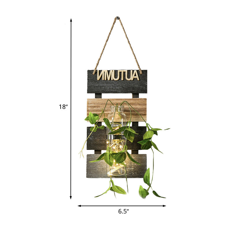 Rustic Plant Wall String Lights - Dark Green/Light Green/Yellow with Wooden Backplate