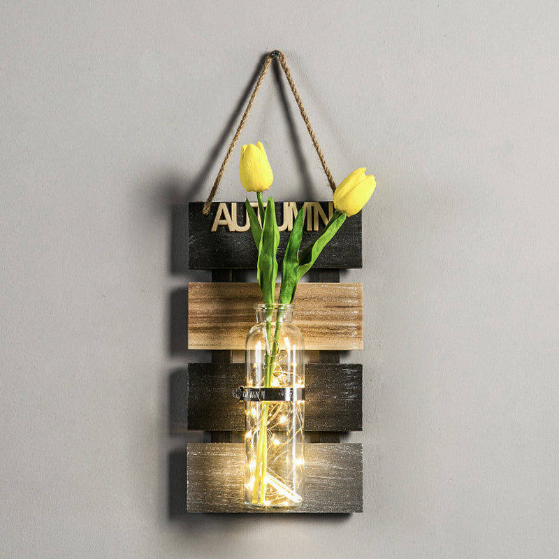 Rustic Plant Wall String Lights - Dark Green/Light Green/Yellow with Wooden Backplate