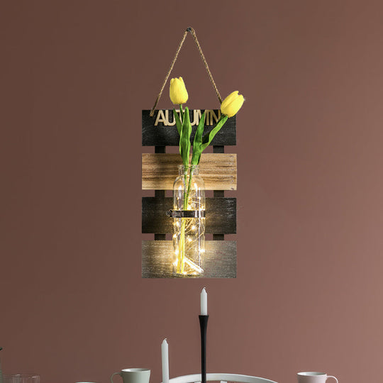 Rustic Plant Wall String Lights - Dark Green/Light Green/Yellow with Wooden Backplate