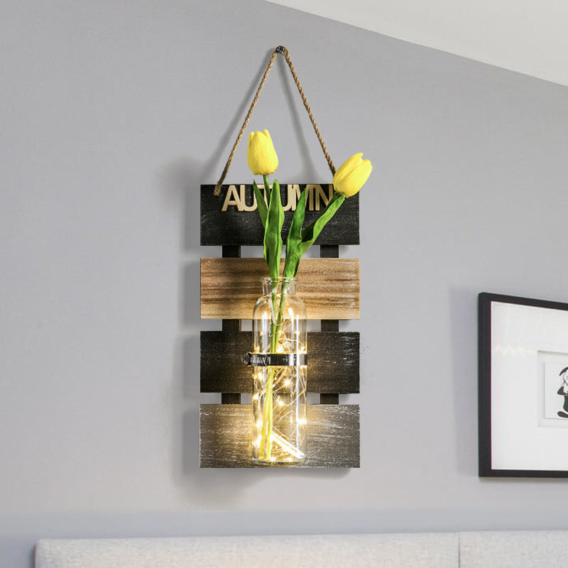 Rustic Plant Wall String Lights - Dark Green/Light Green/Yellow with Wooden Backplate