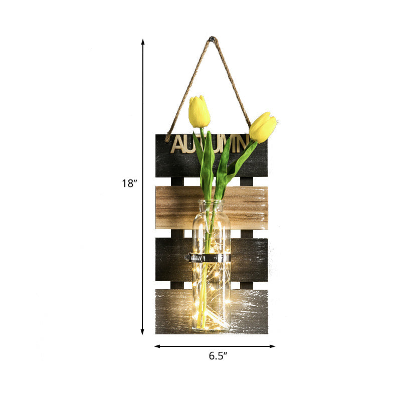Rustic Plant Wall String Lights - Dark Green/Light Green/Yellow with Wooden Backplate