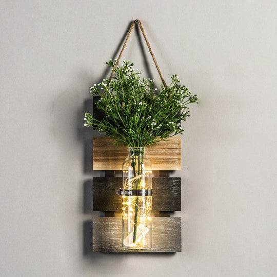 Rustic Plant Wall String Lights - Dark Green/Light Green/Yellow with Wooden Backplate