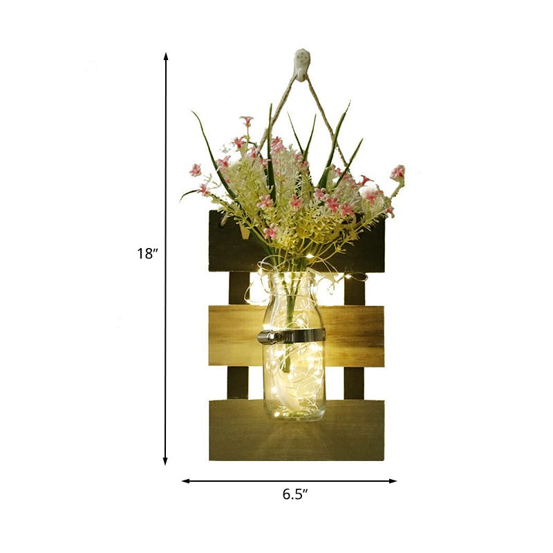 Contemporary Style Pink/Yellow Flower Wall Sconce with Clear Glass Bottle String Light for Cafes