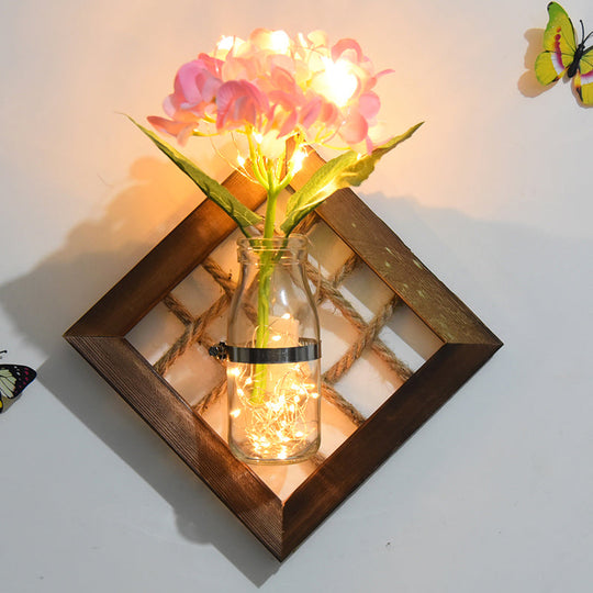 Asian Style Pink Flower Accent Wall Light - Clear Glass String Light with Wood Backplate