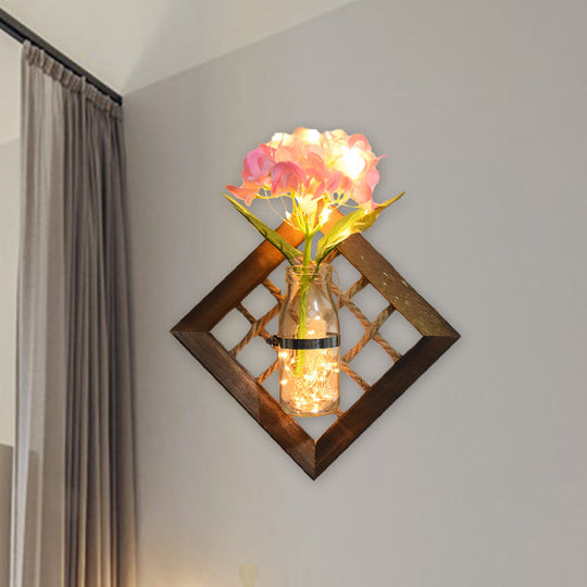 Asian Style Pink Flower Accent Wall Light - Clear Glass String Light with Wood Backplate