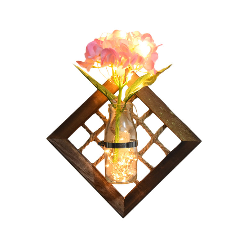 Asian Style Pink Flower Accent Wall Light - Clear Glass String Light with Wood Backplate