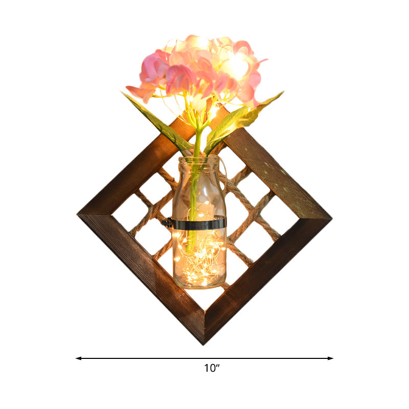 Asian Style Pink Flower Accent Wall Light - Clear Glass String Light with Wood Backplate