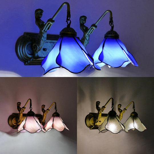 Tiffany Pink/Blue/Clear Glass Wall Mounted Sconce with Mermaid Backplate - 2-Light Floral Lighting Fixture