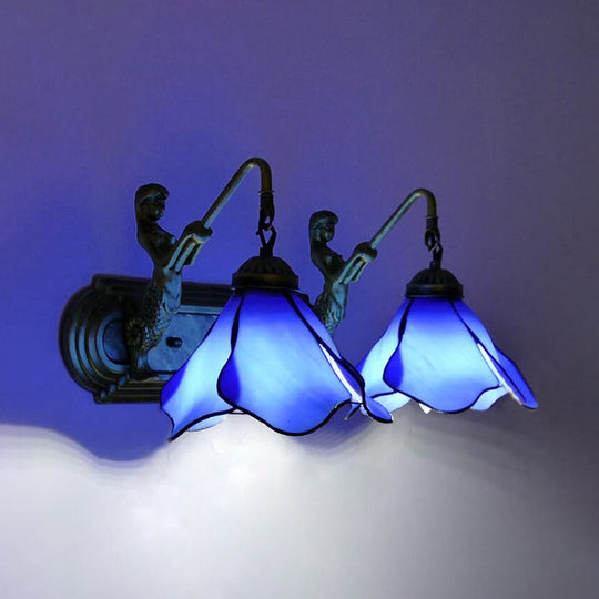 Tiffany Pink/Blue/Clear Glass Wall Mounted Sconce with Mermaid Backplate - 2-Light Floral Lighting Fixture