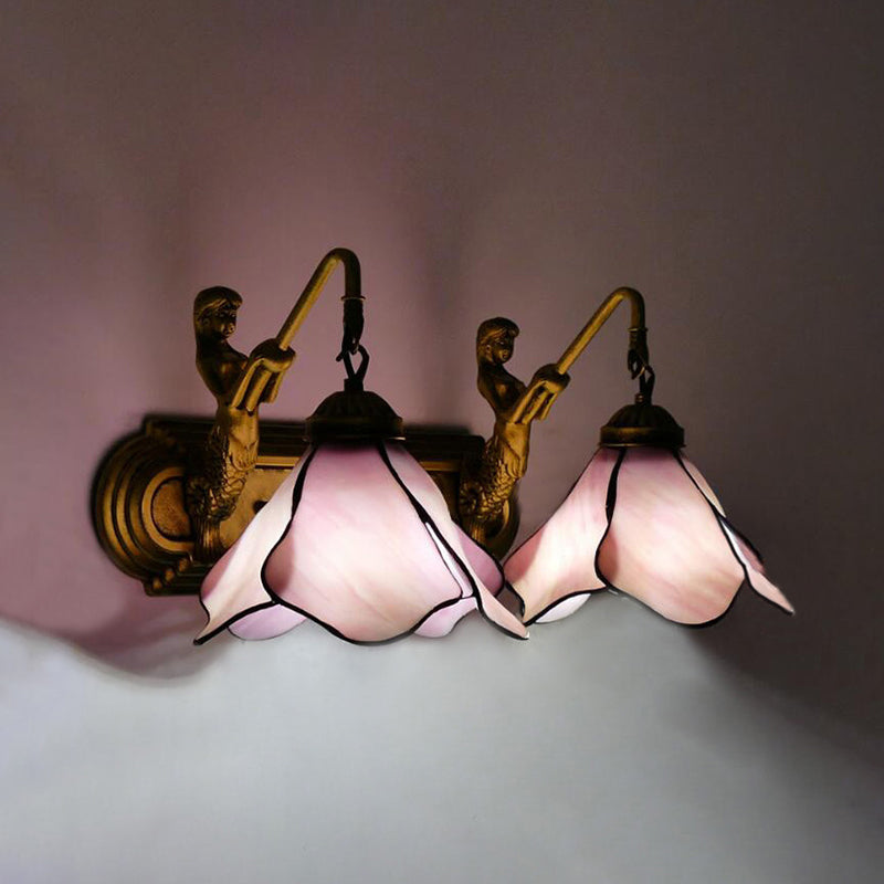 Tiffany Pink/Blue/Clear Glass Wall Mounted Sconce with Mermaid Backplate - 2-Light Floral Lighting Fixture