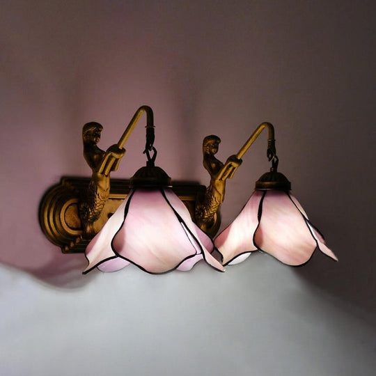 Tiffany Pink/Blue/Clear Glass Wall Mounted Sconce with Mermaid Backplate - 2-Light Floral Lighting Fixture