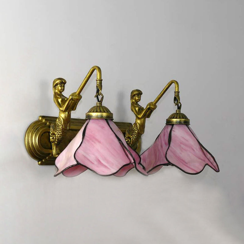 Tiffany Pink/Blue/Clear Glass Wall Mounted Sconce with Mermaid Backplate - 2-Light Floral Lighting Fixture