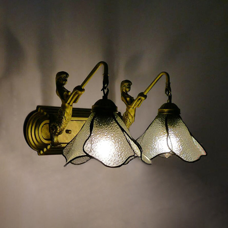 Tiffany Pink/Blue/Clear Glass Wall Mounted Sconce with Mermaid Backplate - 2-Light Floral Lighting Fixture