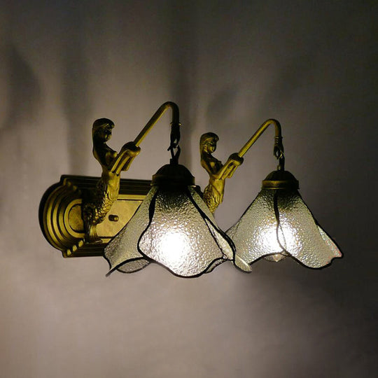 Tiffany Pink/Blue/Clear Glass Wall Mounted Sconce with Mermaid Backplate - 2-Light Floral Lighting Fixture