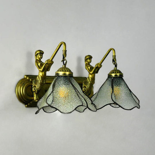 Tiffany Pink/Blue/Clear Glass Wall Mounted Sconce with Mermaid Backplate - 2-Light Floral Lighting Fixture