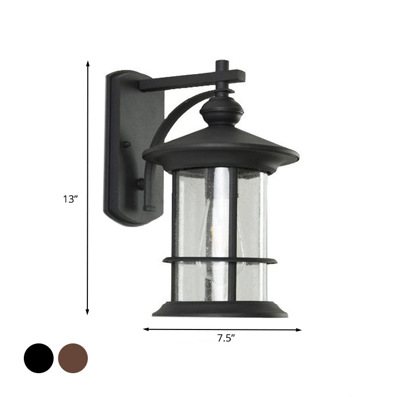 Clear Seeded Glass Cylinder Sconce Outdoor Wall Mounted Lamp for Garden - 1-Bulb, Black/Coffee Finish
