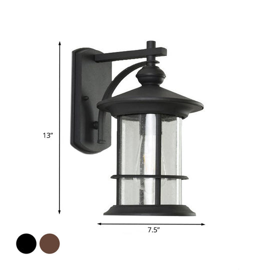 Clear Seeded Glass Cylinder Sconce Outdoor Wall Mounted Lamp for Garden - 1-Bulb, Black/Coffee Finish