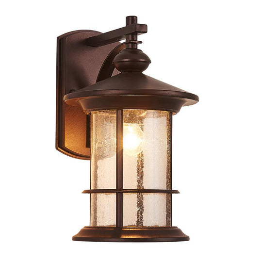 Clear Seeded Glass Cylinder Sconce Outdoor Wall Mounted Lamp for Garden - 1-Bulb, Black/Coffee Finish
