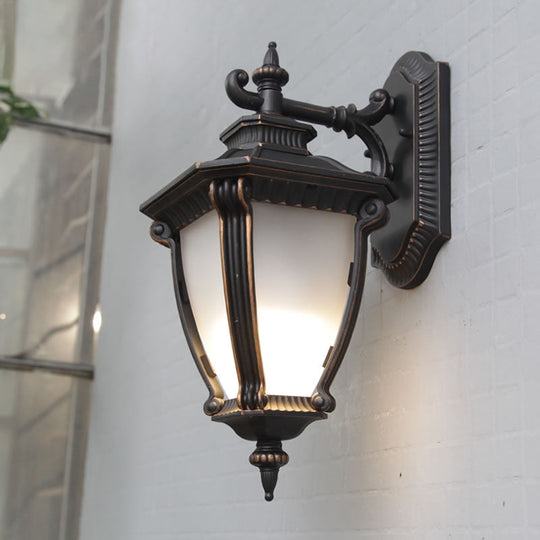 Country Outdoor Wall Sconce: 1-Light Black Lamp with Translucent Urn Glass Shade