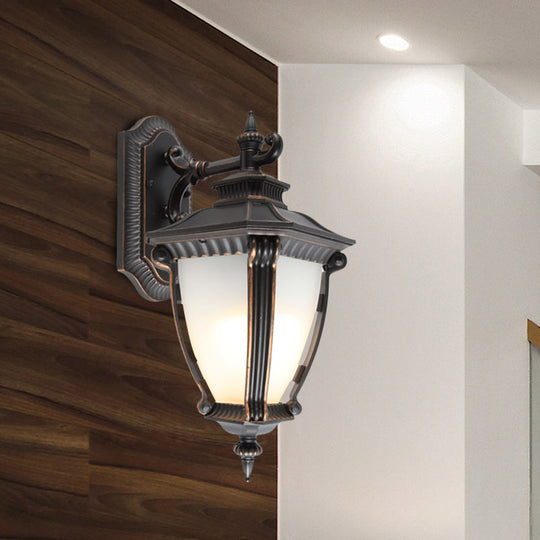 Country Outdoor Wall Sconce: 1-Light Black Lamp with Translucent Urn Glass Shade