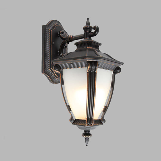 Country Outdoor Wall Sconce: 1-Light Black Lamp with Translucent Urn Glass Shade