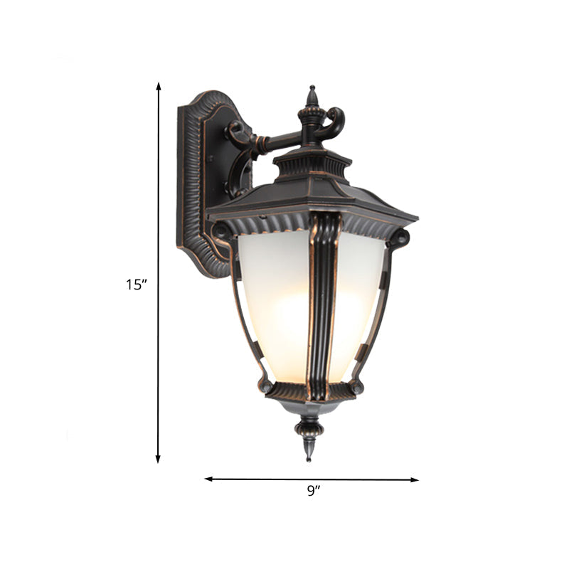 Country Outdoor Wall Sconce: 1-Light Black Lamp with Translucent Urn Glass Shade