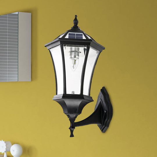 Hexagonal Corridor Wall Sconce with Clear Glass and Solar-Powered Black Bulb