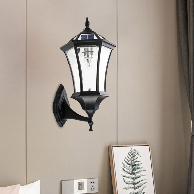 Hexagonal Corridor Wall Sconce with Clear Glass and Solar-Powered Black Bulb