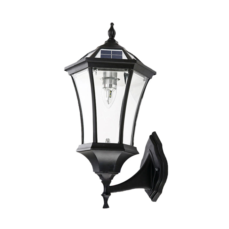 Hexagonal Corridor Wall Sconce with Clear Glass and Solar-Powered Black Bulb