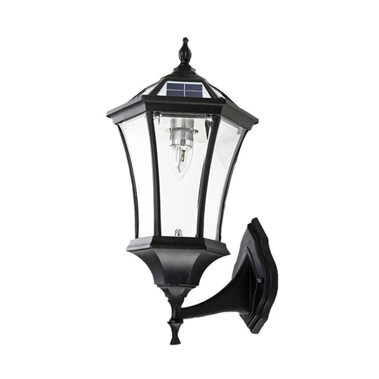 Hexagonal Corridor Wall Sconce with Clear Glass and Solar-Powered Black Bulb