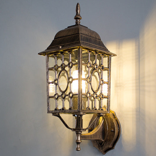 Rustic Metallic Grid Wall Sconce Lamp with Clear Glass Shade - 1 Bulb Courtyard Lighting