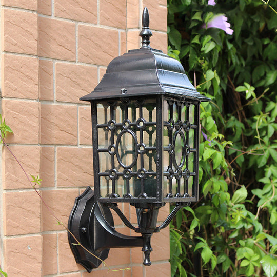 Rustic Metallic Grid Wall Sconce Lamp with Clear Glass Shade - 1 Bulb Courtyard Lighting
