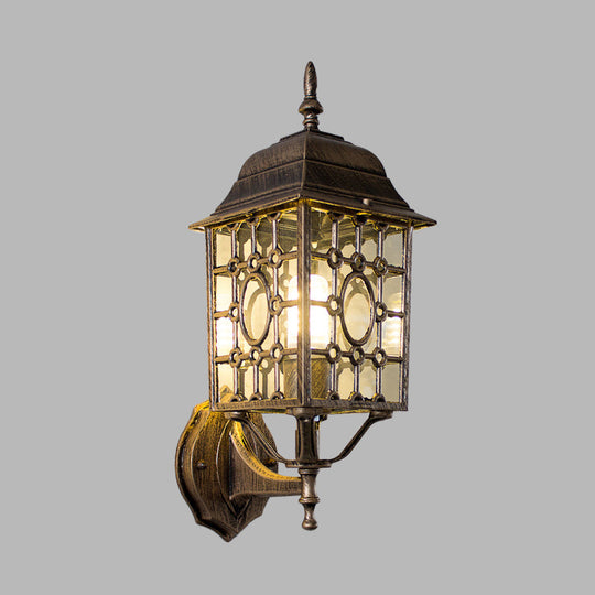 Rustic Metallic Grid Wall Sconce Lamp with Clear Glass Shade - 1 Bulb Courtyard Lighting