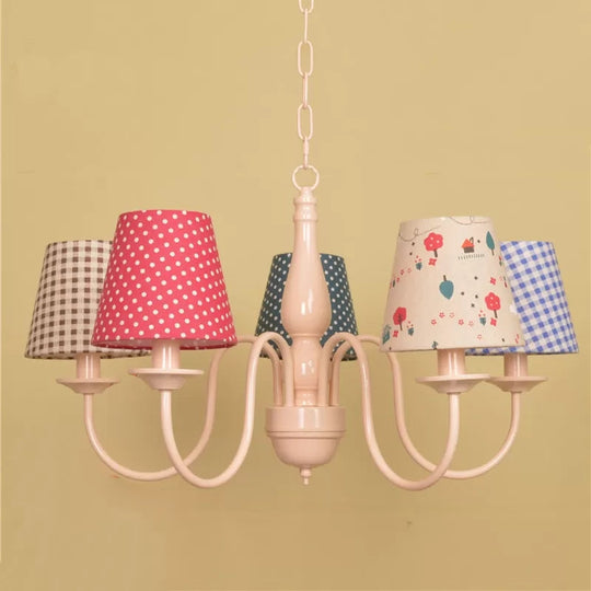 Metallic Pink Finish Chandelier with Tapered Shade - Nursing Room and Kids Suspension Light