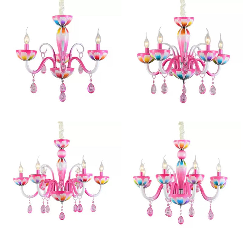 Kid's Pink Nursing Room Chandelier Pendant Light with Crystal Deco - Metal Finish
