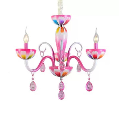 Kid's Pink Nursing Room Chandelier Pendant Light with Crystal Deco - Metal Finish