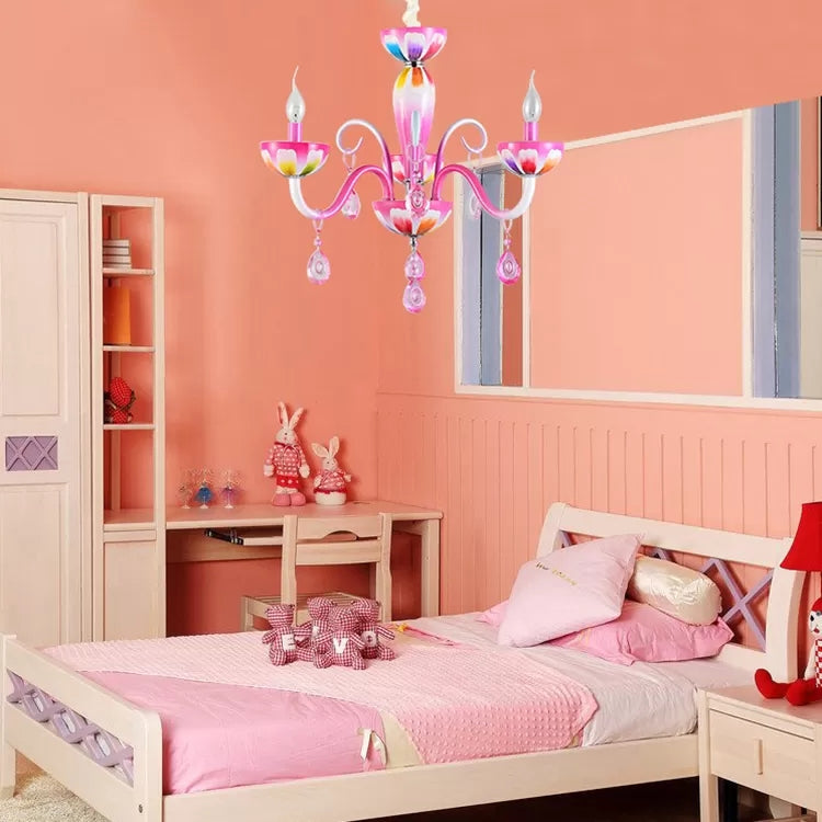 Kid's Pink Nursing Room Chandelier Pendant Light with Crystal Deco - Metal Finish