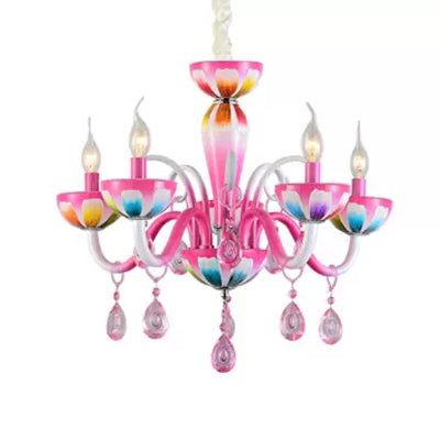 Kid's Pink Nursing Room Chandelier Pendant Light with Crystal Deco - Metal Finish
