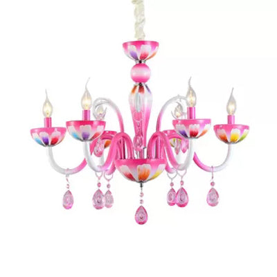 Kid's Pink Nursing Room Chandelier Pendant Light with Crystal Deco - Metal Finish