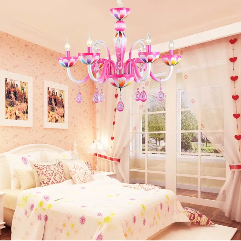Kid's Pink Nursing Room Chandelier Pendant Light with Crystal Deco - Metal Finish