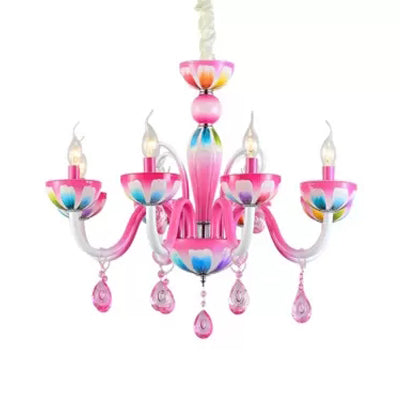 Kid's Pink Nursing Room Chandelier Pendant Light with Crystal Deco - Metal Finish