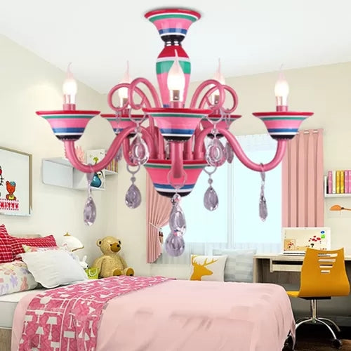 Kids' Pink Teardrop Crystal Pendant Light: Candle-Shaped Metal Hanging Light for Girls' Room