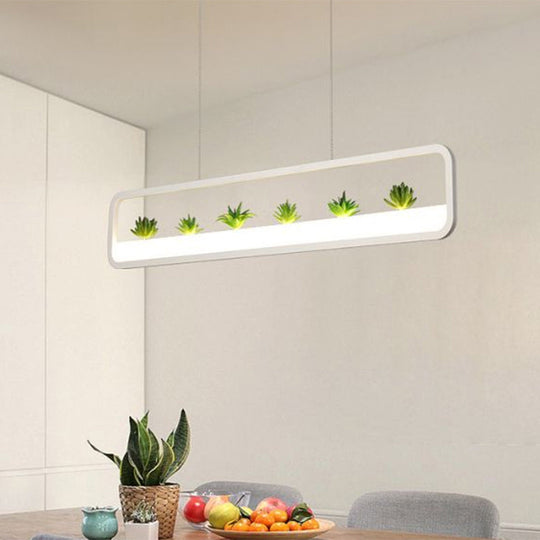 Modern LED Metal Rectangular Chandelier, 27.5" Wide Ceiling Hung Light in White/Black, with Artificial Plant and White/Warm Light