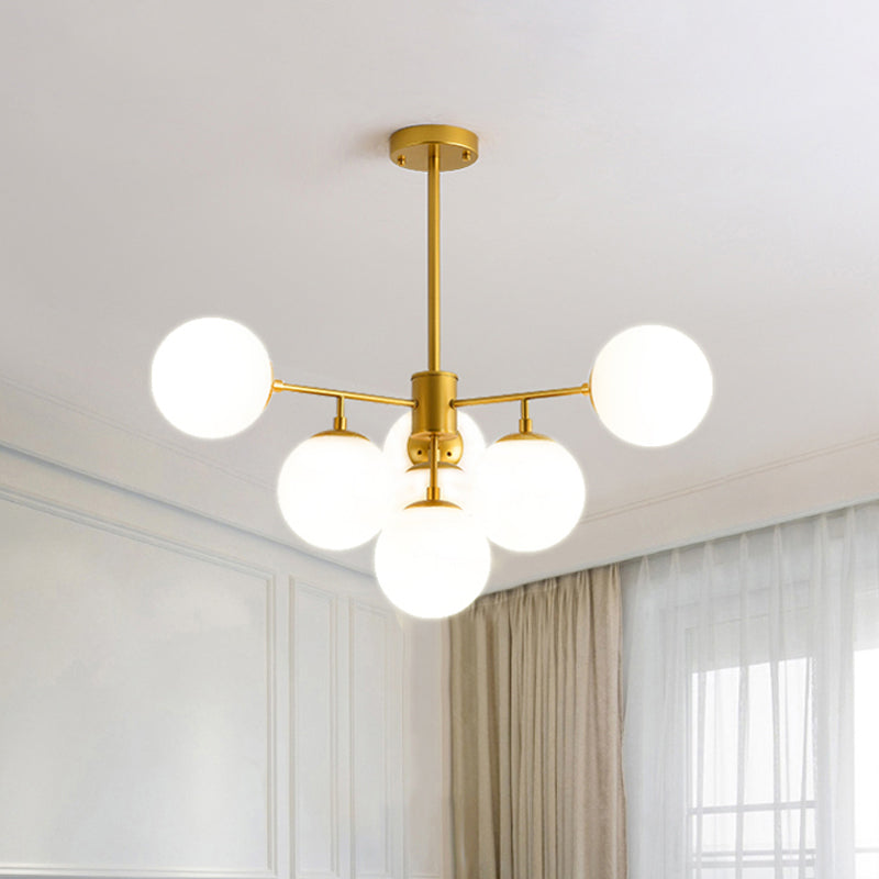Modern Black/Gold Branch Chandelier - 7/9/11-Light Iron Pendant with White Glass Ball Shade