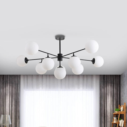 Modern Black/Gold Branch Chandelier - 7/9/11-Light Iron Pendant with White Glass Ball Shade