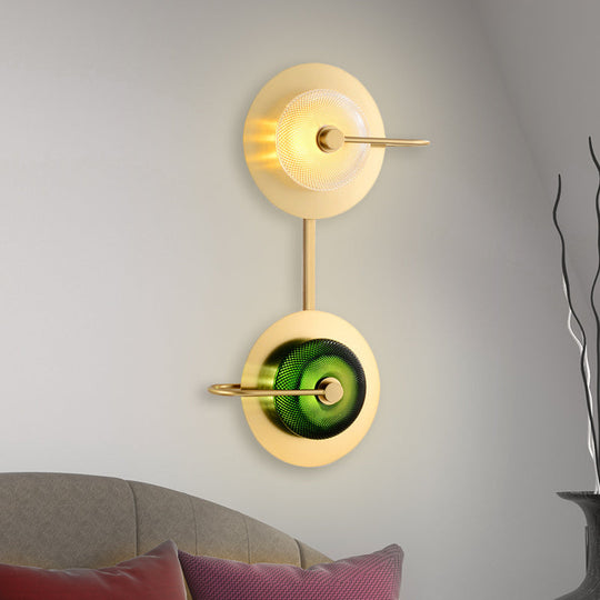 Modern Brass LED Glass Doughnut Wall Lamp with Clear and Green Lattice Pattern and Disk Detail