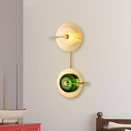 Modern Brass LED Glass Doughnut Wall Lamp with Clear and Green Lattice Pattern and Disk Detail