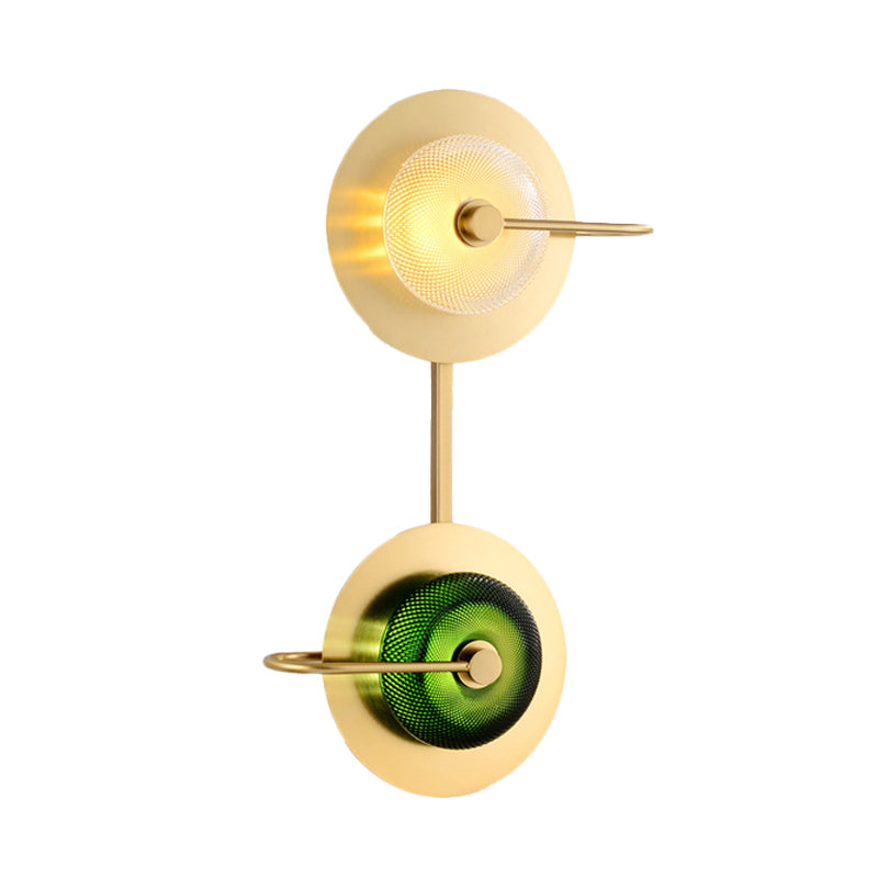 Modern Brass LED Glass Doughnut Wall Lamp with Clear and Green Lattice Pattern and Disk Detail