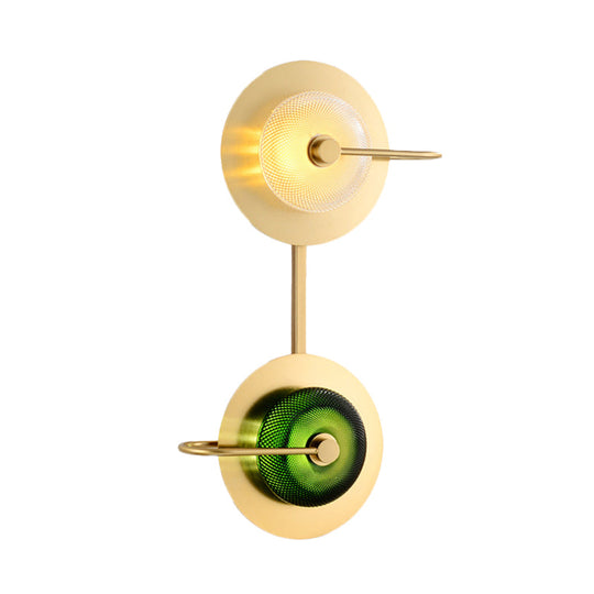 Modern Brass LED Glass Doughnut Wall Lamp with Clear and Green Lattice Pattern and Disk Detail